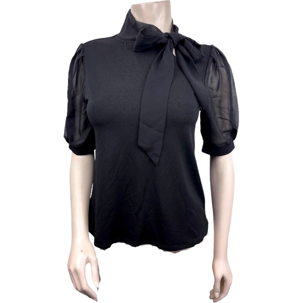 Cable & Gauge Small Black Mock Neck Puffed Sheer‎ Sleeve Top Blouse Tie NWT